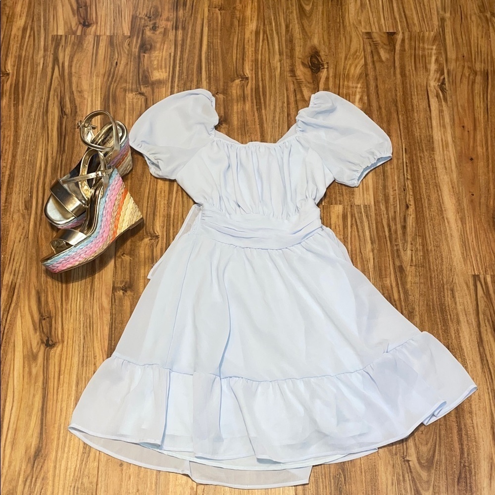 Exlura women’s XS 0 2 dress Light Blue Puff Sleeve mini tie open back NWT